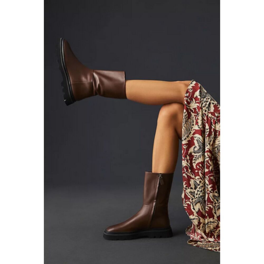 Brown Anthropologie Pilcro Leather Square-Toe Pull-On Chunky Lug Boots (NWT)
